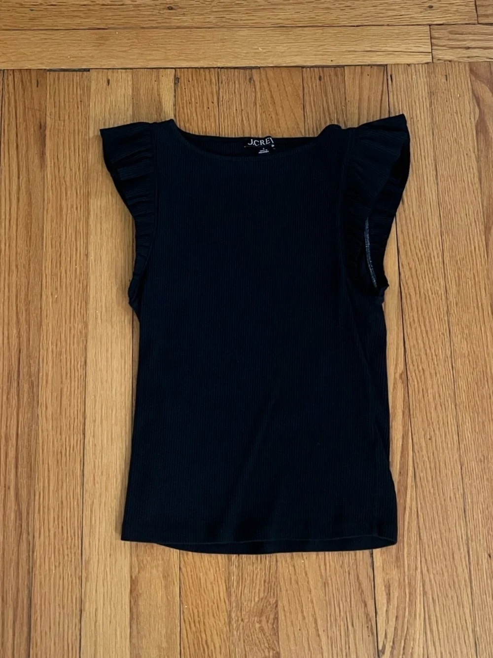NWOT J. Crew Black Ribbed Ruffle Sleeve Top